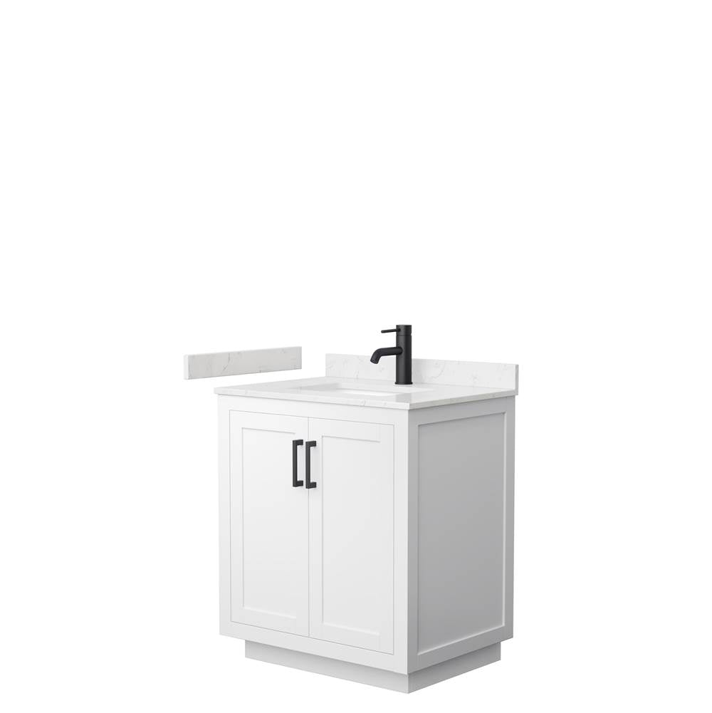 Wyndham Collection - Miranda 30 Inch Single Bathroom Vanity in White, Carrara Cultured Marble Countertop, Undermount Square Sink, Matte Black Trim