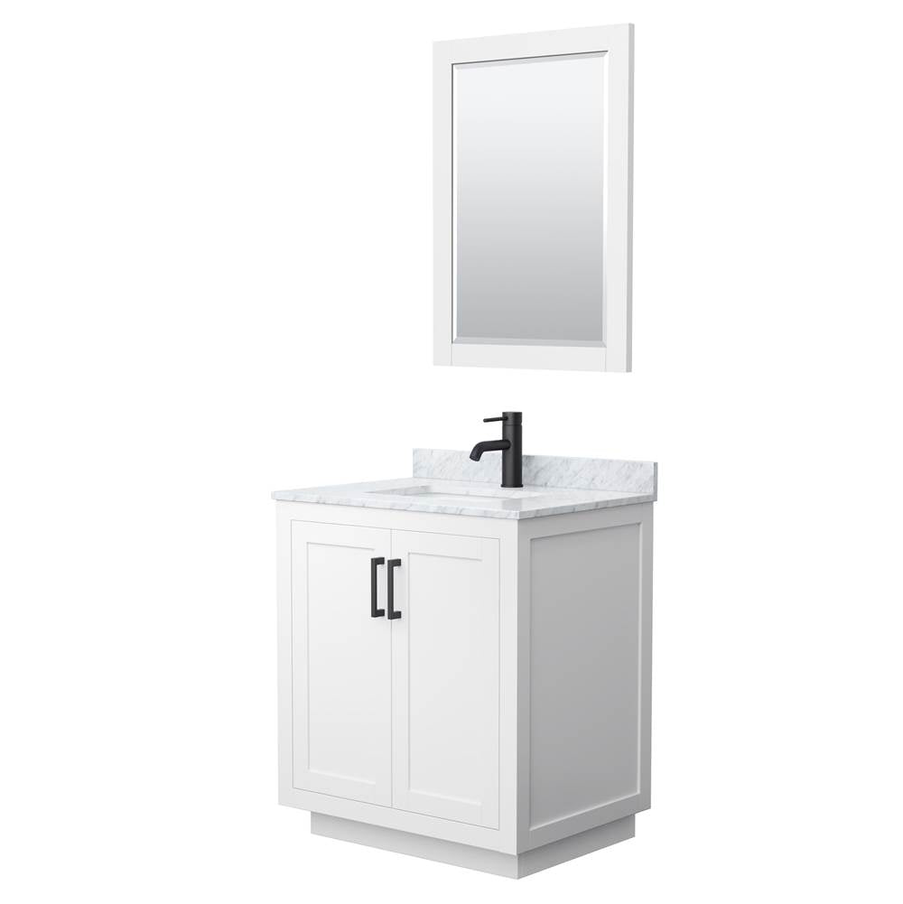 Wyndham Collection - Miranda 30 Inch Single Bathroom Vanity in White, White Carrara Marble Countertop, Undermount Square Sink, Matte Black Trim, 24 Inch Mirror