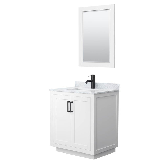Wyndham Collection - Miranda 30 Inch Single Bathroom Vanity in White, White Carrara Marble Countertop, Undermount Square Sink, Matte Black Trim, 24 Inch Mirror