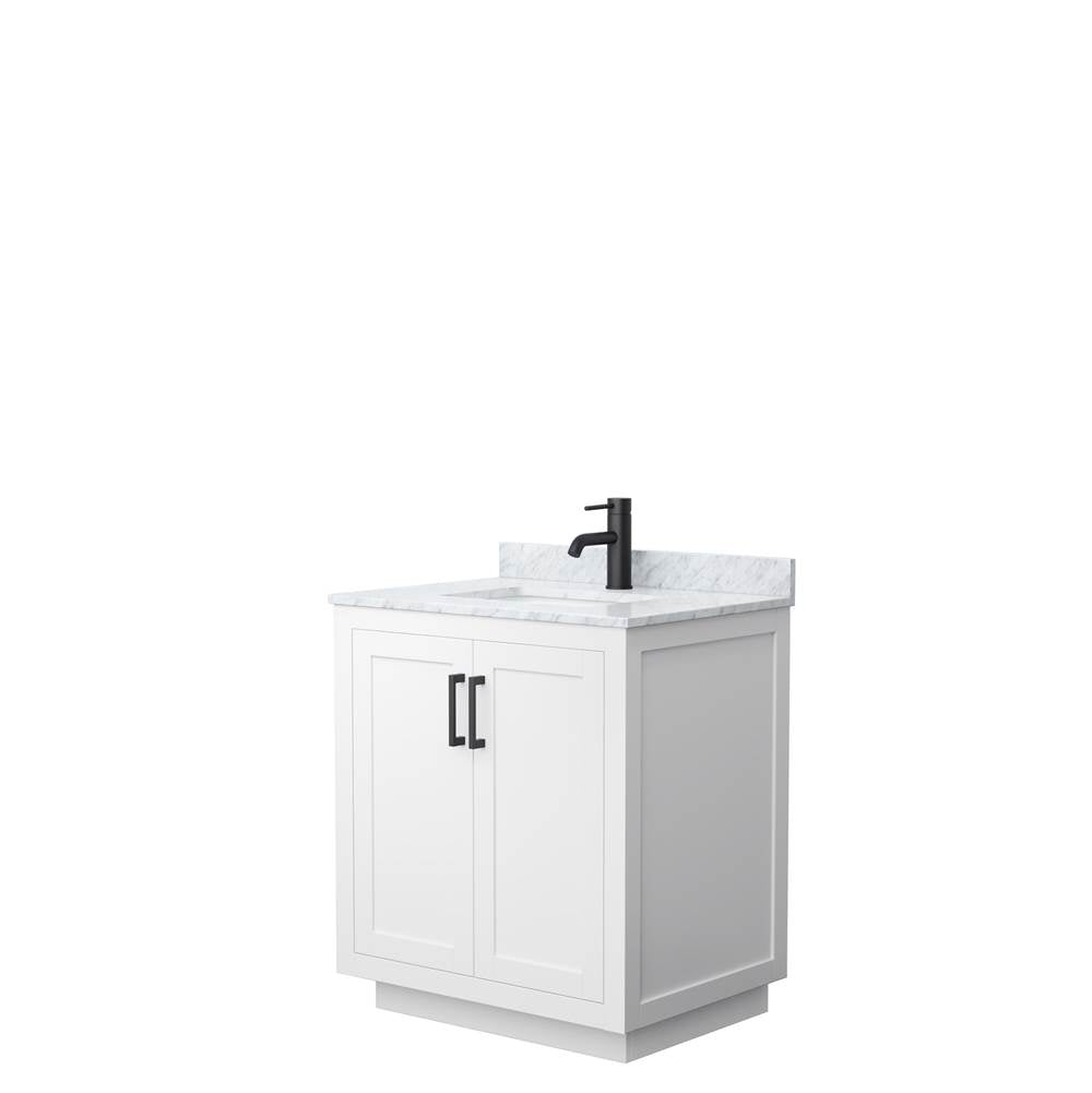 Wyndham Collection - Miranda 30 Inch Single Bathroom Vanity in White, White Carrara Marble Countertop, Undermount Square Sink, Matte Black Trim