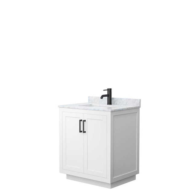 Wyndham Collection - Miranda 30 Inch Single Bathroom Vanity in White, White Carrara Marble Countertop, Undermount Square Sink, Matte Black Trim