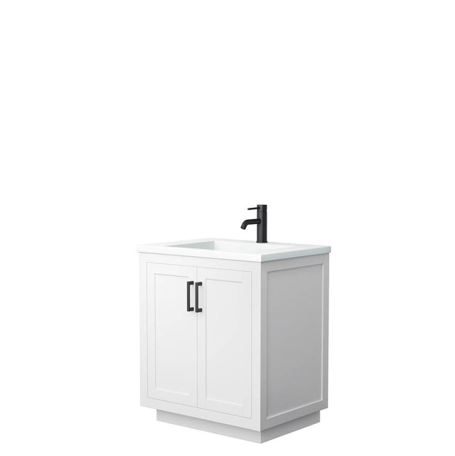 Wyndham Collection - Miranda 30 Inch Single Bathroom Vanity in White, 1.25 Inch Thick Matte White Solid Surface Countertop, Integrated Sink, Matte Black Trim