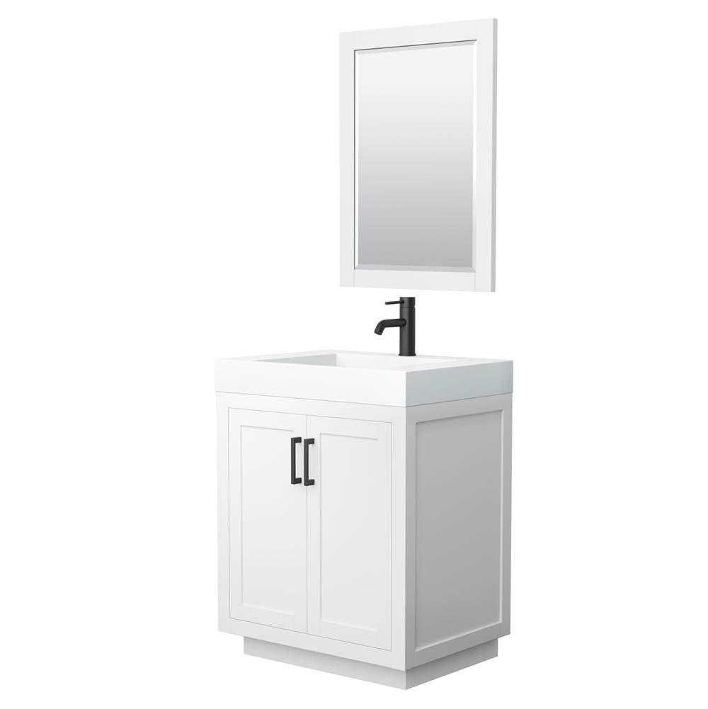 Wyndham Collection - Miranda 30 Inch Single Bathroom Vanity in White, 4 Inch Thick Matte White Solid Surface Countertop, Integrated Sink, Matte Black Trim, 24 Inch Mirror