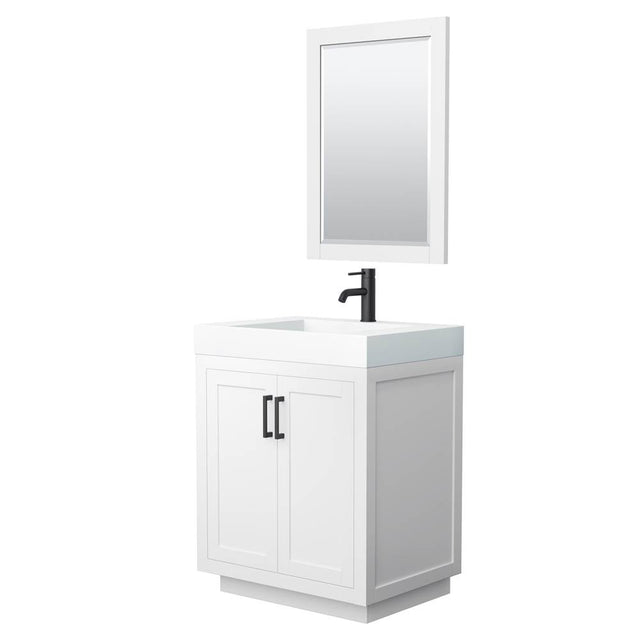 Wyndham Collection - Miranda 30 Inch Single Bathroom Vanity in White, 4 Inch Thick Matte White Solid Surface Countertop, Integrated Sink, Matte Black Trim, 24 Inch Mirror