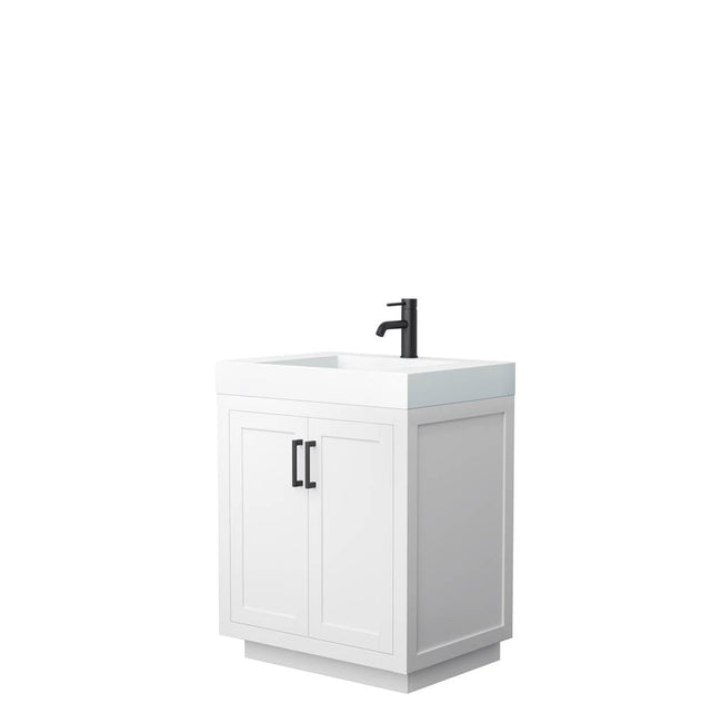 Wyndham Collection - Miranda 30 Inch Single Bathroom Vanity in White, 4 Inch Thick Matte White Solid Surface Countertop, Integrated Sink, Matte Black Trim
