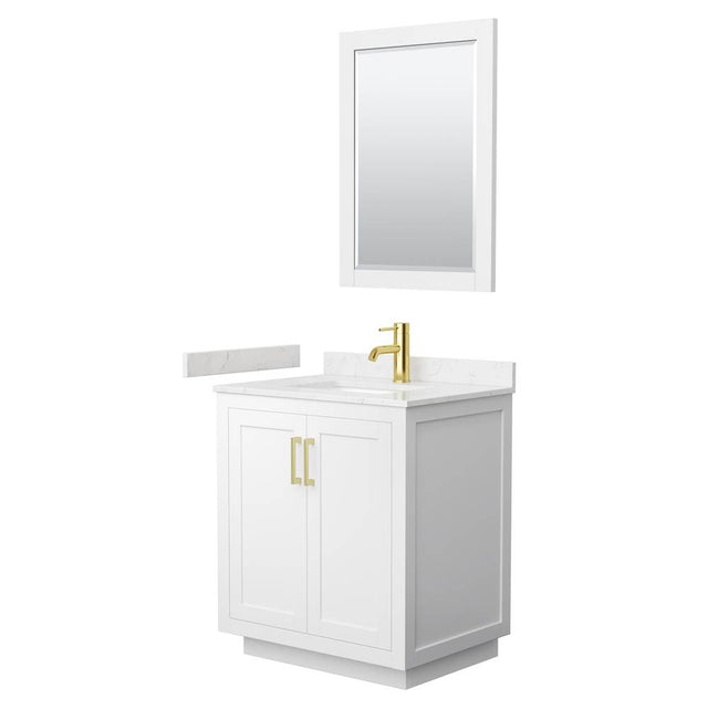 Wyndham Collection - Miranda 30 Inch Single Bathroom Vanity in White, Carrara Cultured Marble Countertop, Undermount Square Sink, Brushed Gold Trim, 24 Inch Mirror