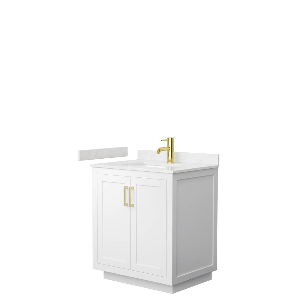 Wyndham Collection - Miranda 30 Inch Single Bathroom Vanity in White, Carrara Cultured Marble Countertop, Undermount Square Sink, Brushed Gold Trim