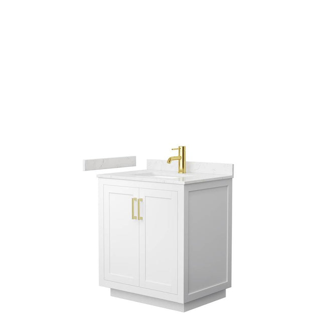 Wyndham Collection - Miranda 30 Inch Single Bathroom Vanity in White, Carrara Cultured Marble Countertop, Undermount Square Sink, Brushed Gold Trim