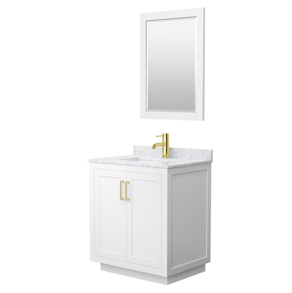 Wyndham Collection - Miranda 30 Inch Single Bathroom Vanity in White, White Carrara Marble Countertop, Undermount Square Sink, Brushed Gold Trim, 24 Inch Mirror