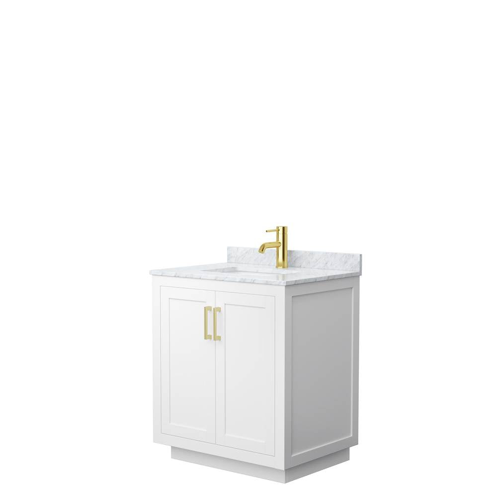 Wyndham Collection - Miranda 30 Inch Single Bathroom Vanity in White, White Carrara Marble Countertop, Undermount Square Sink, Brushed Gold Trim