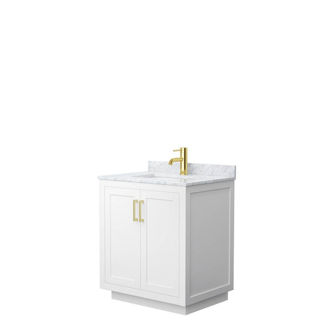 Wyndham Collection - Miranda 30 Inch Single Bathroom Vanity in White, White Carrara Marble Countertop, Undermount Square Sink, Brushed Gold Trim