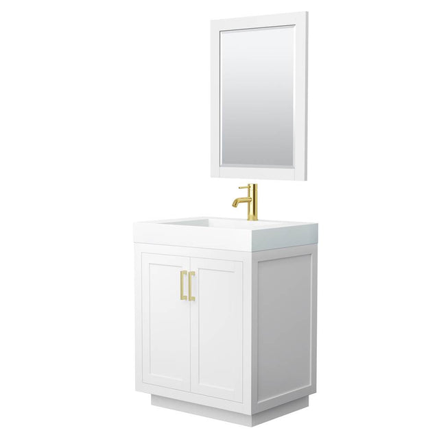 Wyndham Collection - Miranda 30 Inch Single Bathroom Vanity in White, 4 Inch Thick Matte White Solid Surface Countertop, Integrated Sink, Brushed Gold Trim, 24 Inch Mirror