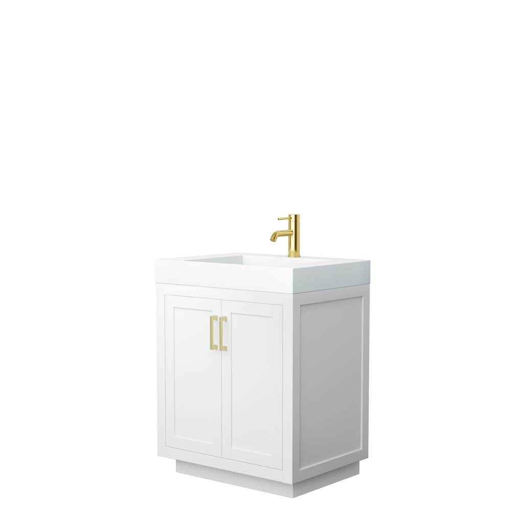 Wyndham Collection - Miranda 30 Inch Single Bathroom Vanity in White, 4 Inch Thick Matte White Solid Surface Countertop, Integrated Sink, Brushed Gold Trim