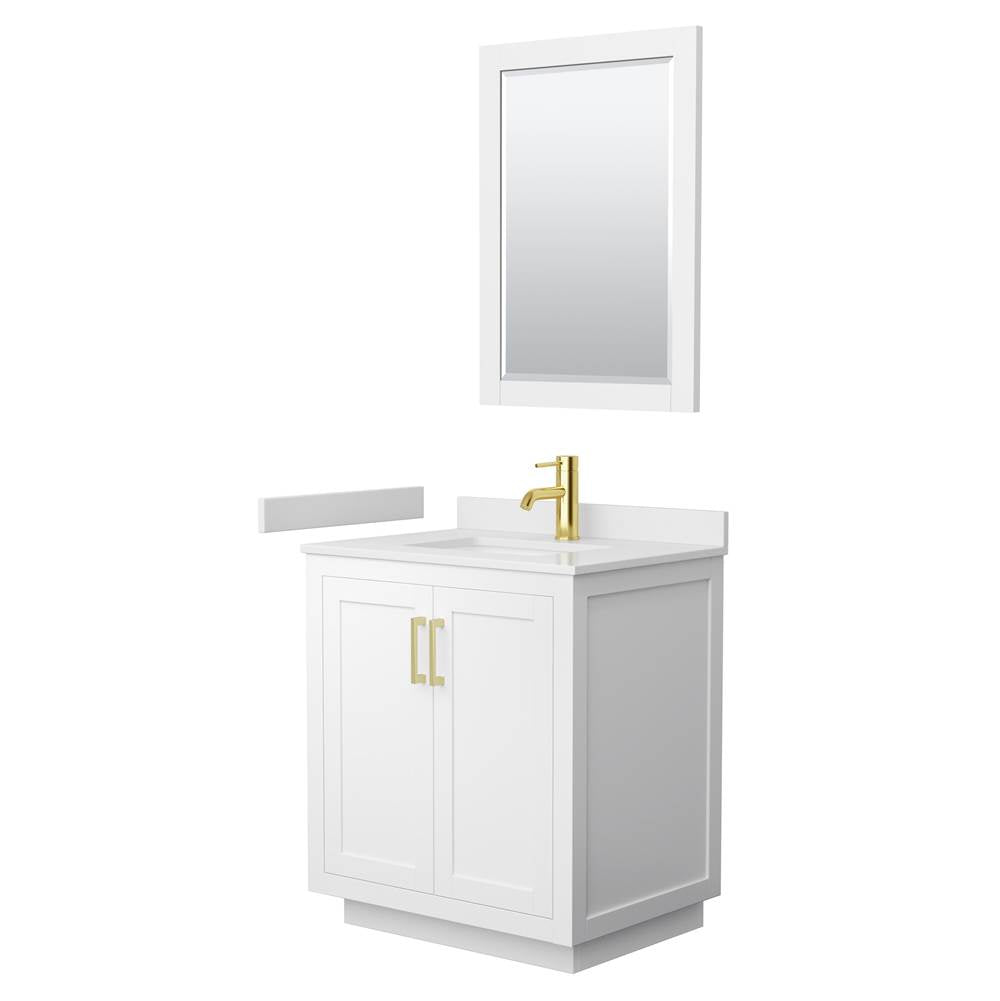Wyndham Collection - Miranda 30 Inch Single Bathroom Vanity in White, White Cultured Marble Countertop, Undermount Square Sink, Brushed Gold Trim, 24 Inch Mirror