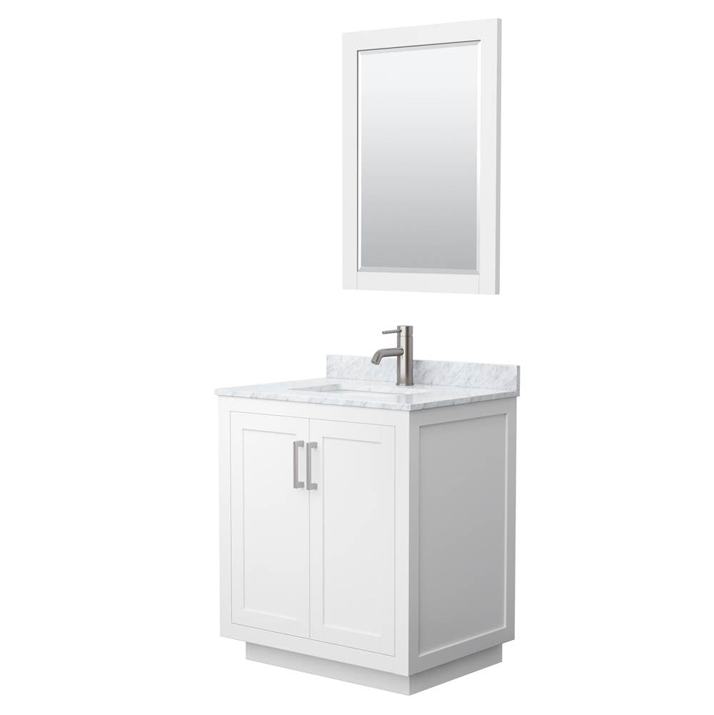 Wyndham Collection - Miranda 30 Inch Single Bathroom Vanity in White, White Carrara Marble Countertop, Undermount Square Sink, Brushed Nickel Trim, 24 Inch Mirror