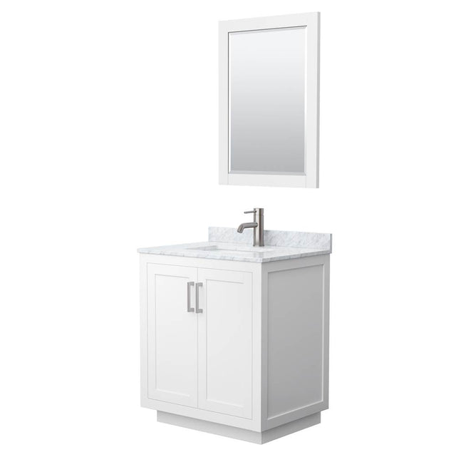 Wyndham Collection - Miranda 30 Inch Single Bathroom Vanity in White, White Carrara Marble Countertop, Undermount Square Sink, Brushed Nickel Trim, 24 Inch Mirror