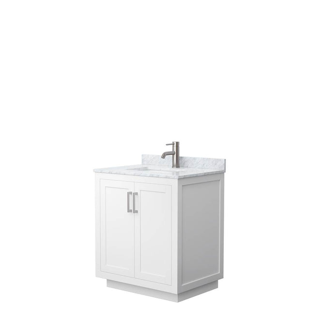 Wyndham Collection - Miranda 30 Inch Single Bathroom Vanity in White, White Carrara Marble Countertop, Undermount Square Sink, Brushed Nickel Trim