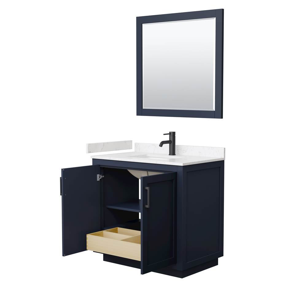 Miranda 36 Inch Single Bathroom Vanity in Dark Blue, Carrara Cultured Marble Countertop, Undermount Square Sink, Matte Black Trim, 34 Inch Mirror