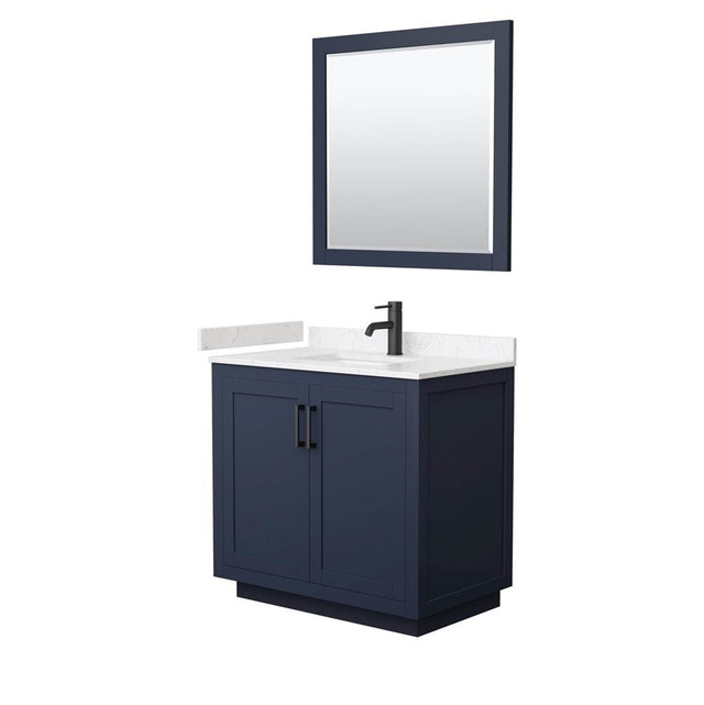 Wyndham Collection - Miranda 36 Inch Single Bathroom Vanity in Dark Blue, Carrara Cultured Marble Countertop, Undermount Square Sink, Matte Black Trim, 34 Inch Mirror