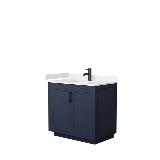 Wyndham Collection - Miranda 36 Inch Single Bathroom Vanity in Dark Blue, Carrara Cultured Marble Countertop, Undermount Square Sink, Matte Black Trim