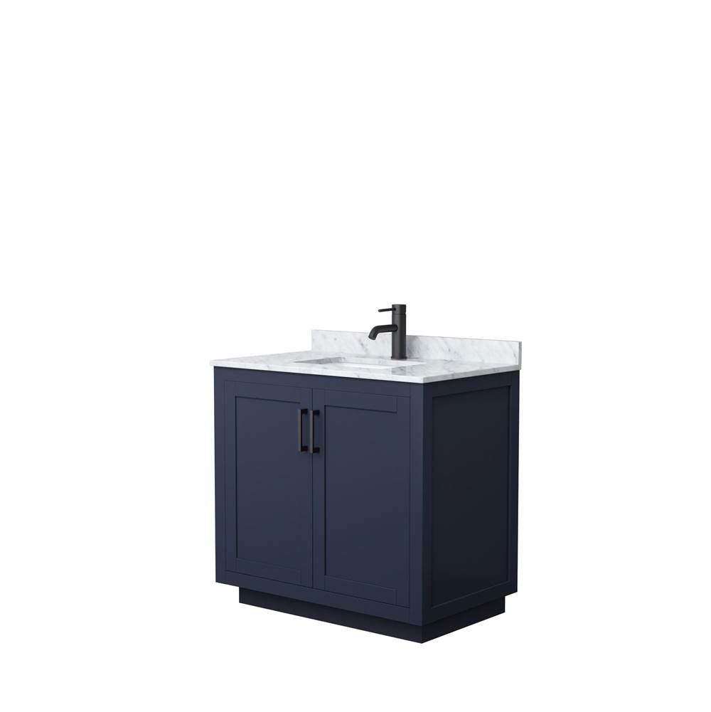 Wyndham Collection - Miranda 36 Inch Single Bathroom Vanity in Dark Blue, White Carrara Marble Countertop, Undermount Square Sink, Matte Black Trim