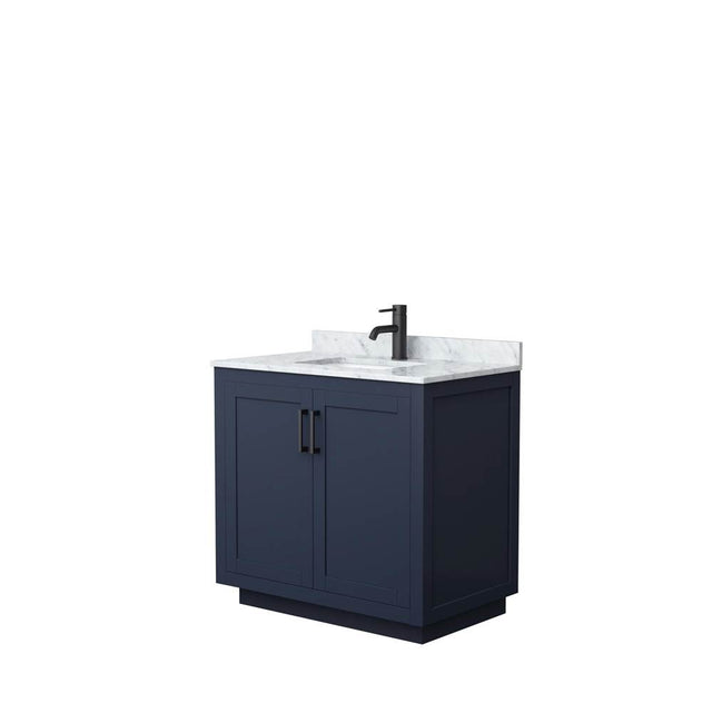 Wyndham Collection - Miranda 36 Inch Single Bathroom Vanity in Dark Blue, White Carrara Marble Countertop, Undermount Square Sink, Matte Black Trim
