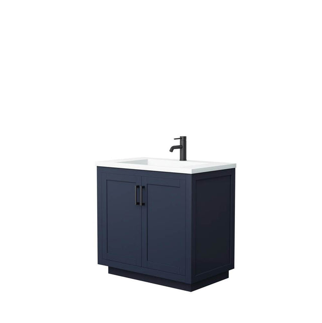 Wyndham Collection - Miranda 36 Inch Single Bathroom Vanity in Dark Blue, 1.25 Inch Thick Matte White Solid Surface Countertop, Integrated Sink, Matte Black Trim