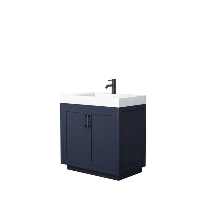 Wyndham Collection - Miranda 36 Inch Single Bathroom Vanity in Dark Blue, 4 Inch Thick Matte White Solid Surface Countertop, Integrated Sink, Matte Black Trim
