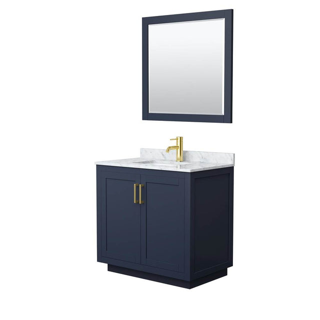 Wyndham Collection - Miranda 36 Inch Single Bathroom Vanity in Dark Blue, White Carrara Marble Countertop, Undermount Square Sink, Brushed Gold Trim, 34 Inch Mirror