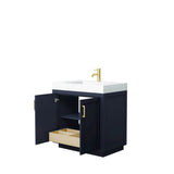Miranda 36 Inch Single Bathroom Vanity in Dark Blue, 4 Inch Thick Matte White Solid Surface Countertop, Integrated Sink, Brushed Gold Trim