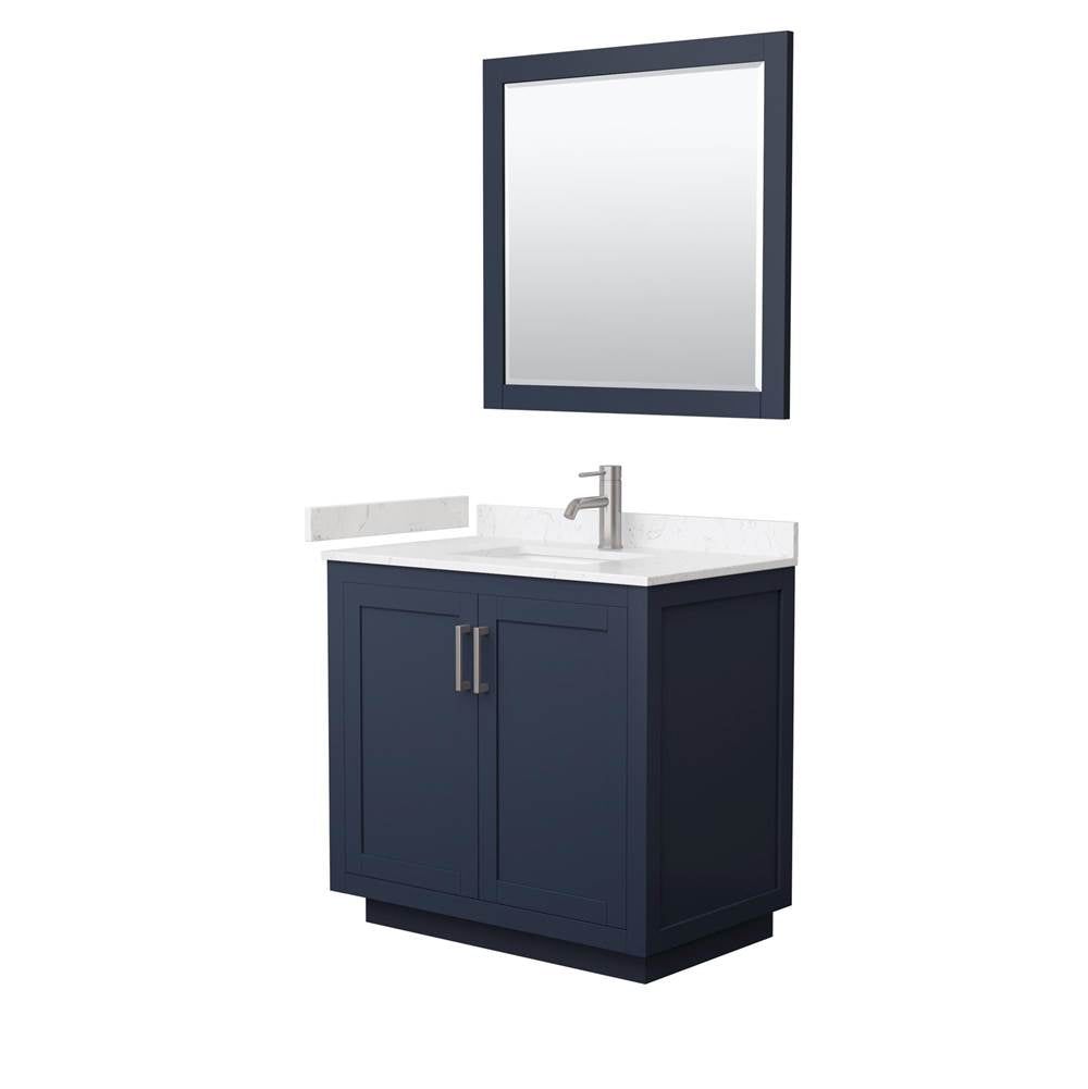 Wyndham Collection - Miranda 36 Inch Single Bathroom Vanity in Dark Blue, Carrara Cultured Marble Countertop, Undermount Square Sink, Brushed Nickel Trim, 34 Inch Mirror