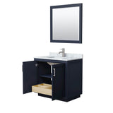 Miranda 36 Inch Single Bathroom Vanity in Dark Blue, White Carrara Marble Countertop, Undermount Square Sink, Brushed Nickel Trim, 34 Inch Mirror