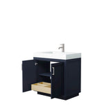 Miranda 36 Inch Single Bathroom Vanity in Dark Blue, 4 Inch Thick Matte White Solid Surface Countertop, Integrated Sink, Brushed Nickel Trim