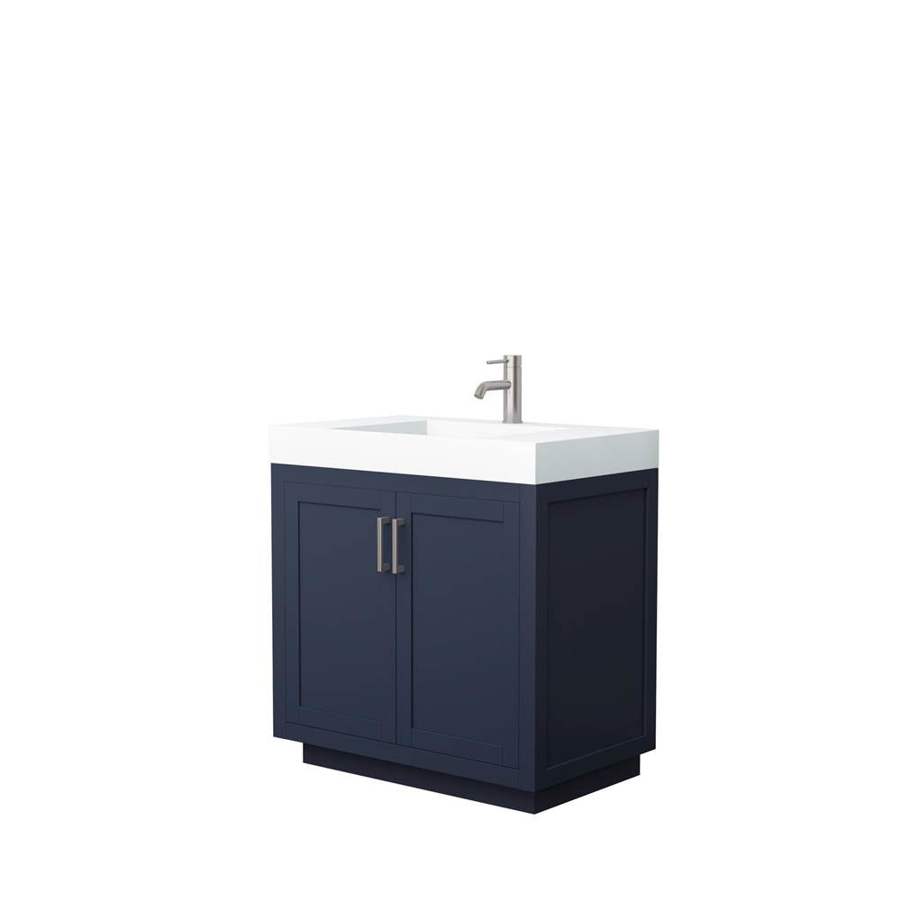 Wyndham Collection - Miranda 36 Inch Single Bathroom Vanity in Dark Blue, 4 Inch Thick Matte White Solid Surface Countertop, Integrated Sink, Brushed Nickel Trim