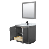 Miranda 36 Inch Single Bathroom Vanity in Dark Gray, White Carrara Marble Countertop, Undermount Square Sink, Matte Black Trim, 34 Inch Mirror