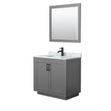 Wyndham Collection - Miranda 36 Inch Single Bathroom Vanity in Dark Gray, White Carrara Marble Countertop, Undermount Square Sink, Matte Black Trim, 34 Inch Mirror