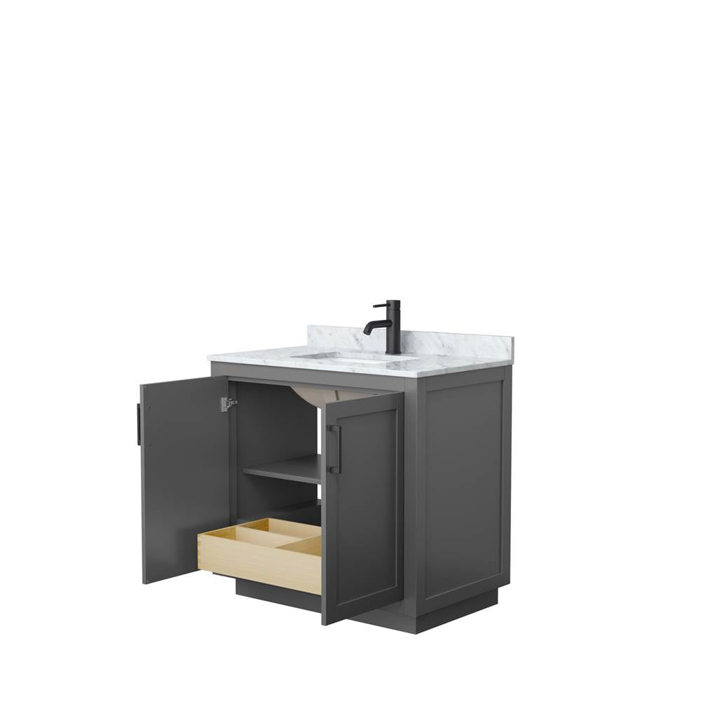 Miranda 36 Inch Single Bathroom Vanity in Dark Gray, White Carrara Marble Countertop, Undermount Square Sink, Matte Black Trim