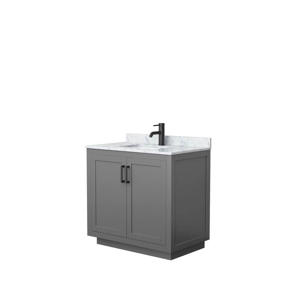 Wyndham Collection - Miranda 36 Inch Single Bathroom Vanity in Dark Gray, White Carrara Marble Countertop, Undermount Square Sink, Matte Black Trim
