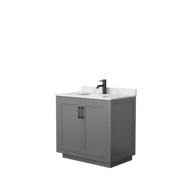 Wyndham Collection - Miranda 36 Inch Single Bathroom Vanity in Dark Gray, White Carrara Marble Countertop, Undermount Square Sink, Matte Black Trim