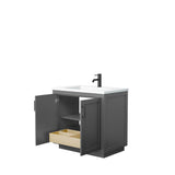 Miranda 36 Inch Single Bathroom Vanity in Dark Gray, 1.25 Inch Thick Matte White Solid Surface Countertop, Integrated Sink, Matte Black Trim