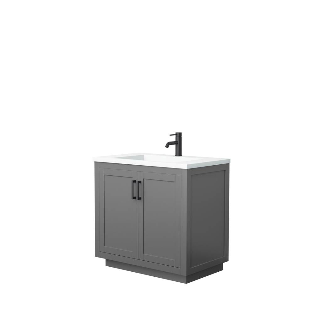 Wyndham Collection - Miranda 36 Inch Single Bathroom Vanity in Dark Gray, 1.25 Inch Thick Matte White Solid Surface Countertop, Integrated Sink, Matte Black Trim