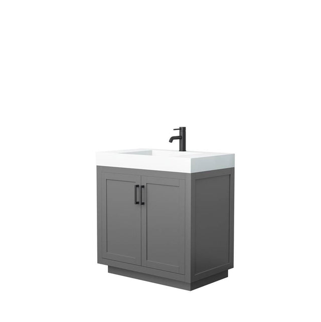 Wyndham Collection - Miranda 36 Inch Single Bathroom Vanity in Dark Gray, 4 Inch Thick Matte White Solid Surface Countertop, Integrated Sink, Matte Black Trim