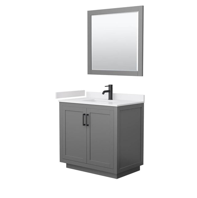 Wyndham Collection - Miranda 36 Inch Single Bathroom Vanity in Dark Gray, White Cultured Marble Countertop, Undermount Square Sink, Matte Black Trim, 34 Inch Mirror