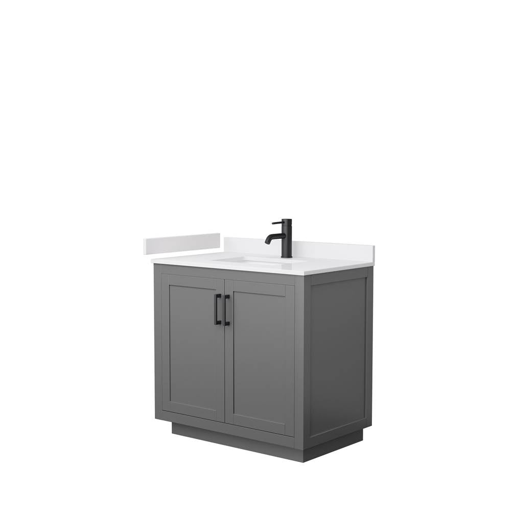 Wyndham Collection - Miranda 36 Inch Single Bathroom Vanity in Dark Gray, White Cultured Marble Countertop, Undermount Square Sink, Matte Black Trim