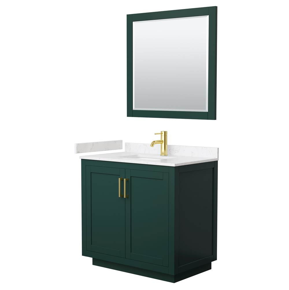 Wyndham Collection - Miranda 36 Inch Single Bathroom Vanity in Green, Carrara Cultured Marble Countertop, Undermount Square Sink, Brushed Gold Trim, 34 Inch Mirror