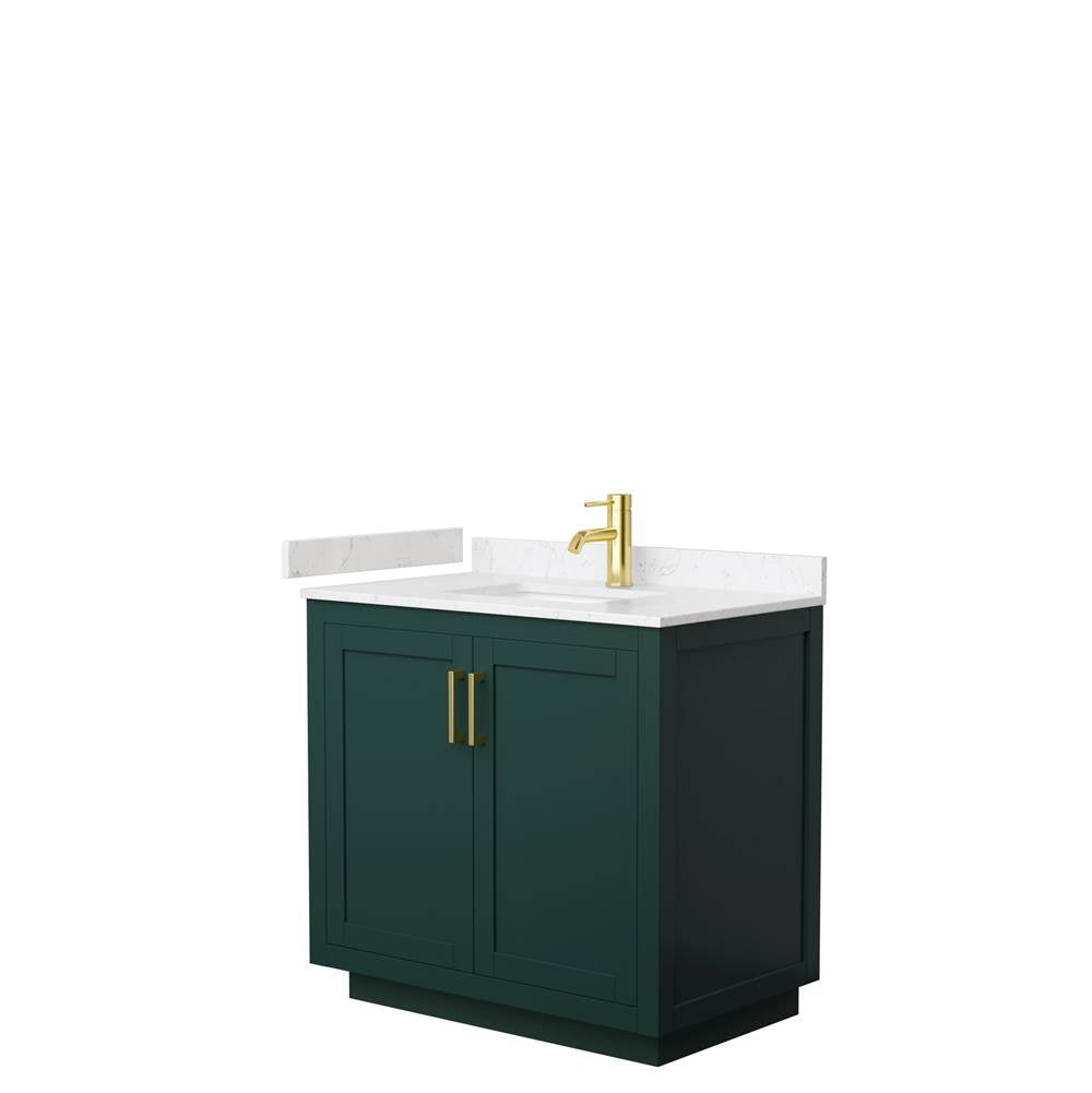Wyndham Collection - Miranda 36 Inch Single Bathroom Vanity in Green, Carrara Cultured Marble Countertop, Undermount Square Sink, Brushed Gold Trim