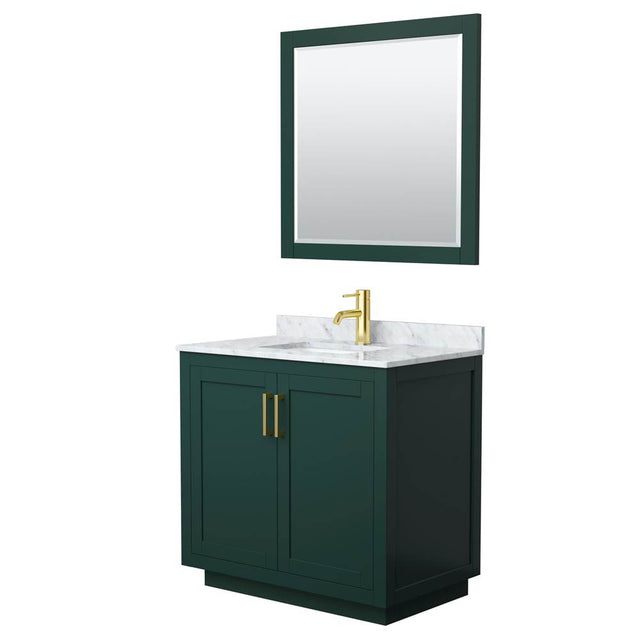 Wyndham Collection - Miranda 36 Inch Single Bathroom Vanity in Green, White Carrara Marble Countertop, Undermount Square Sink, Brushed Gold Trim, 34 Inch Mirror