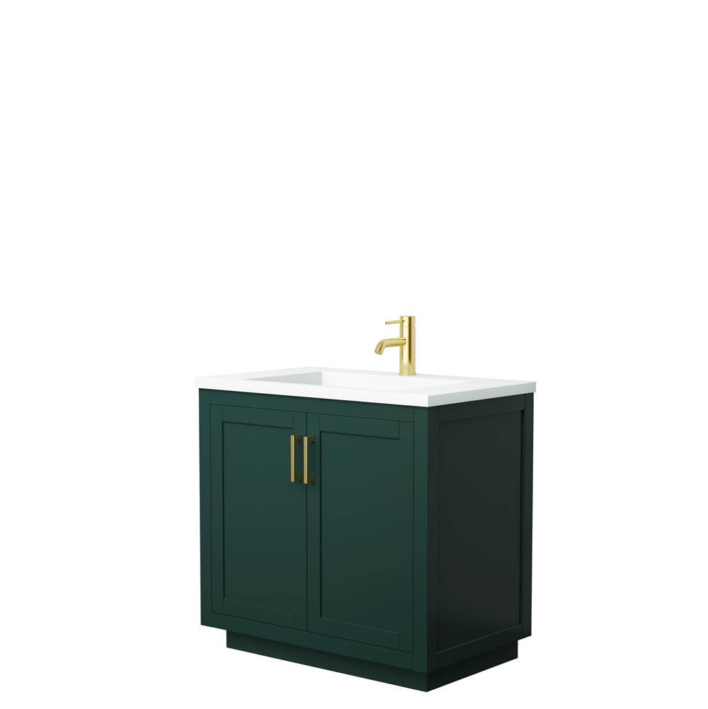 Wyndham Collection - Miranda 36 Inch Single Bathroom Vanity in Green, 1.25 Inch Thick Matte White Solid Surface Countertop, Integrated Sink, Brushed Gold Trim