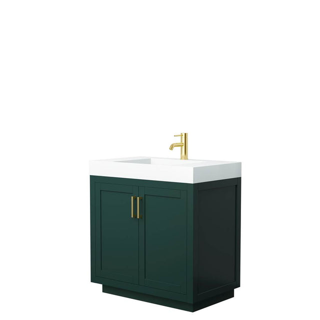Wyndham Collection - Miranda 36 Inch Single Bathroom Vanity in Green, 4 Inch Thick Matte White Solid Surface Countertop, Integrated Sink, Brushed Gold Trim