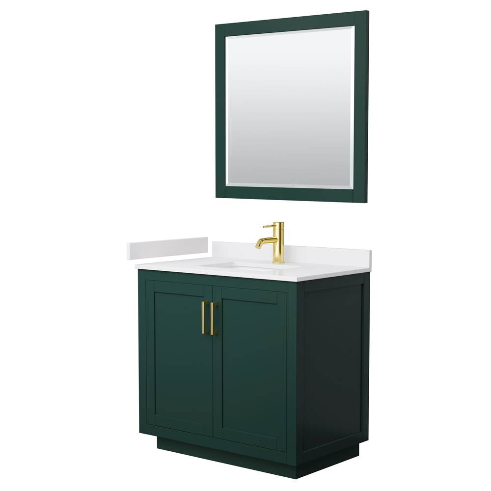 Wyndham Collection - Miranda 36 Inch Single Bathroom Vanity in Green, White Cultured Marble Countertop, Undermount Square Sink, Brushed Gold Trim, 34 Inch Mirror
